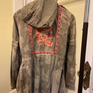 Free People Olive Green Embroidered Jacket and Cream Cardigan